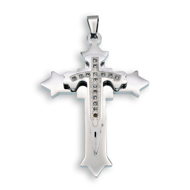 Colgante de cruz de acero inoxidable rodiado con circonitas cúbicas de doble capa - SSP00154