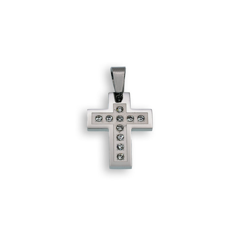 Colgante de cruz de acero inoxidable rodiado con circonitas cúbicas transparentes - SSP00157