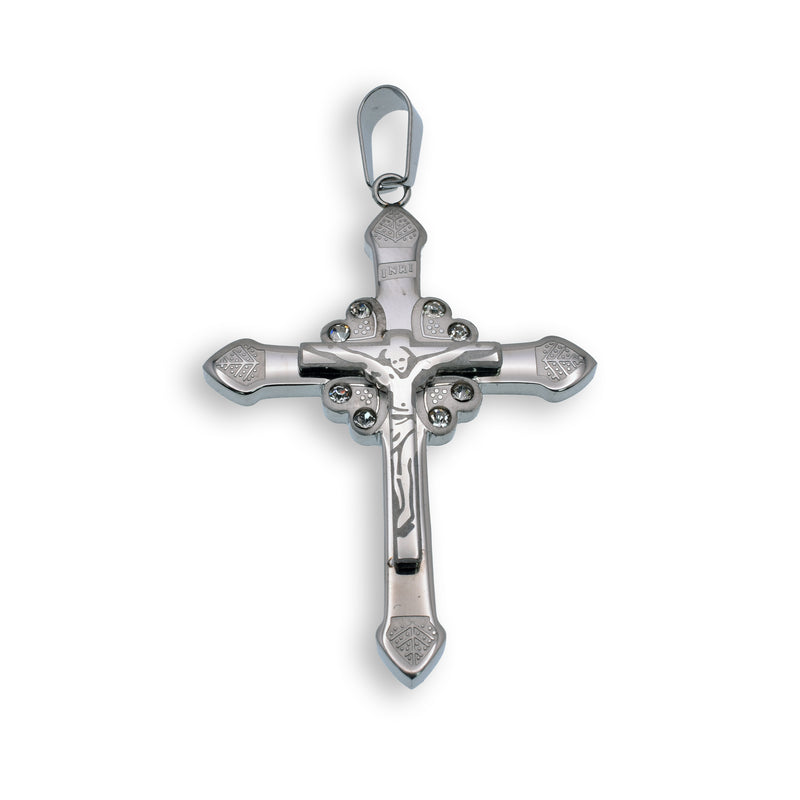 Crucifijo de acero inoxidable rodiado con circonitas grabadas - SSP00158