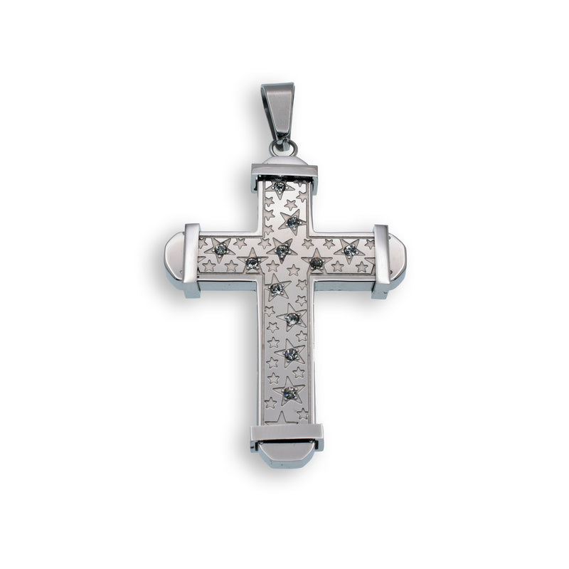 Colgante de cruz con múltiples estrellas y circonitas cúbicas de acero inoxidable rodiado - SSP00165