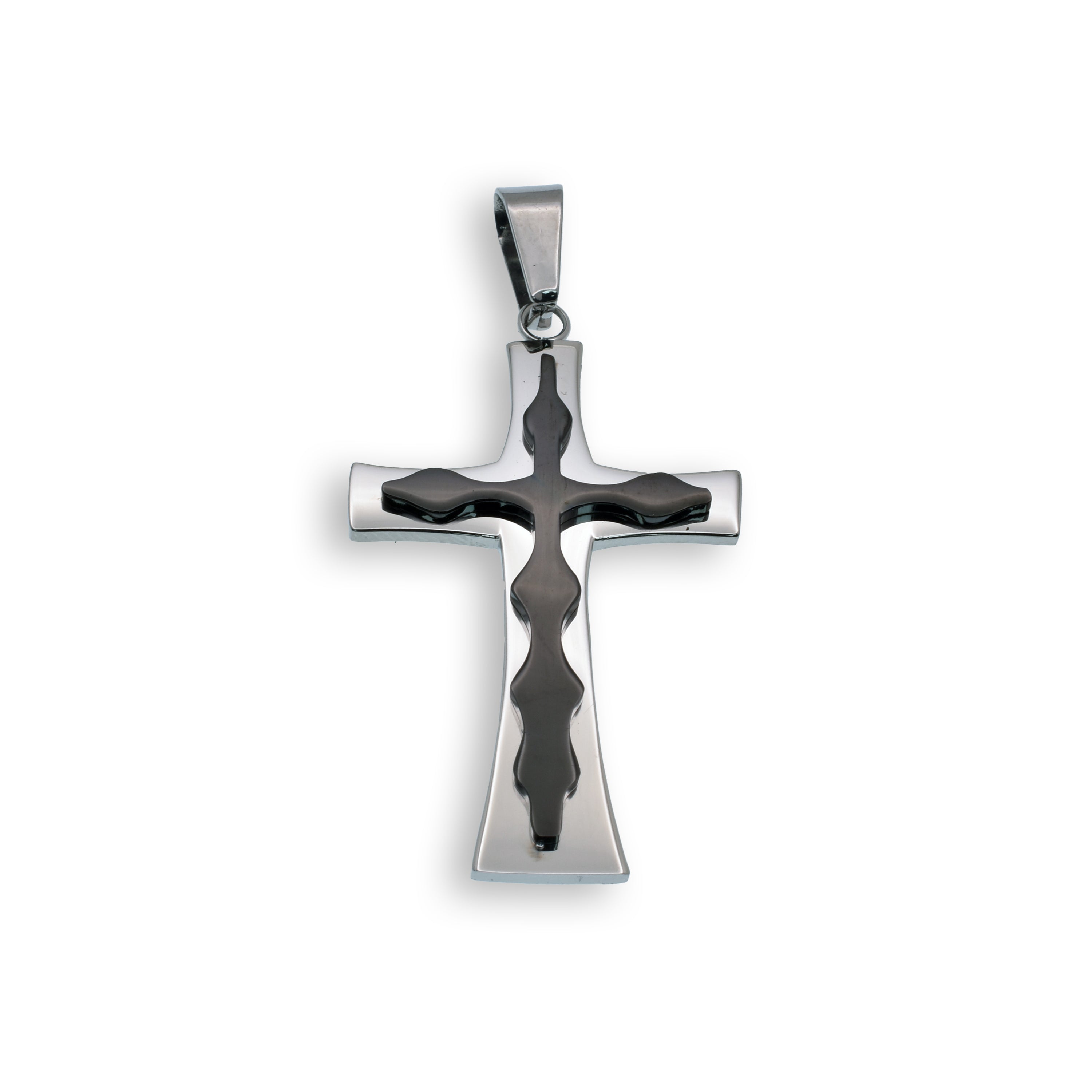 Black & Rhodium Plated Stainless Steel Double Layered Cross Pendant - SSP00166