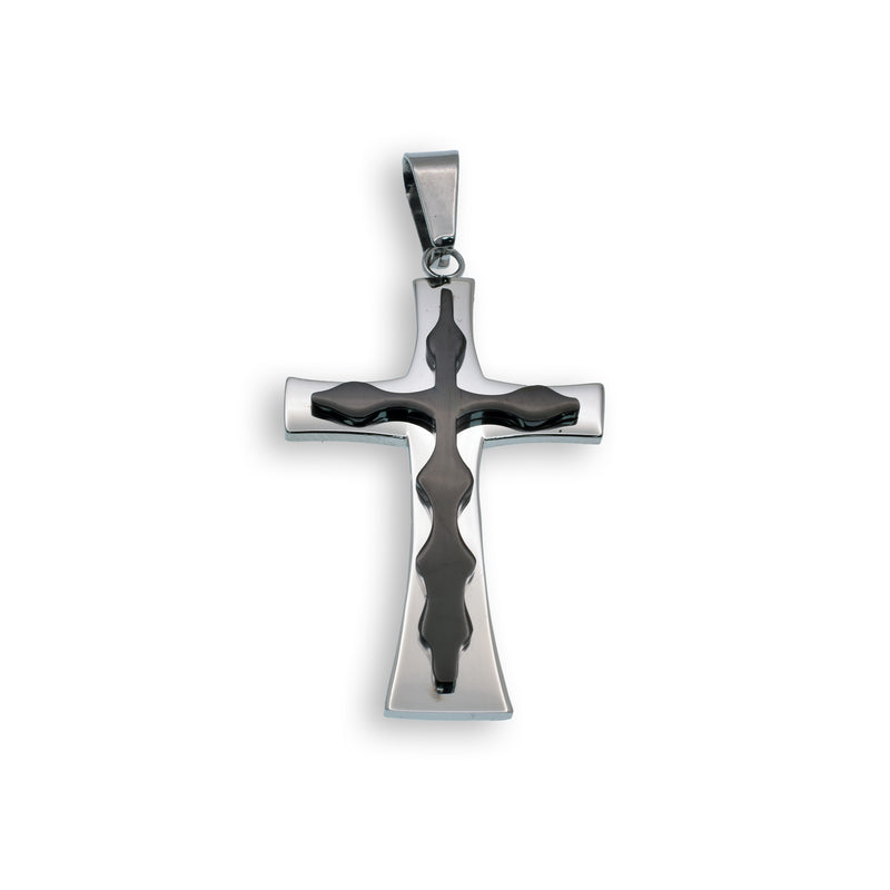 Colgante de cruz de doble capa de acero inoxidable rodiado y negro - SSP00166