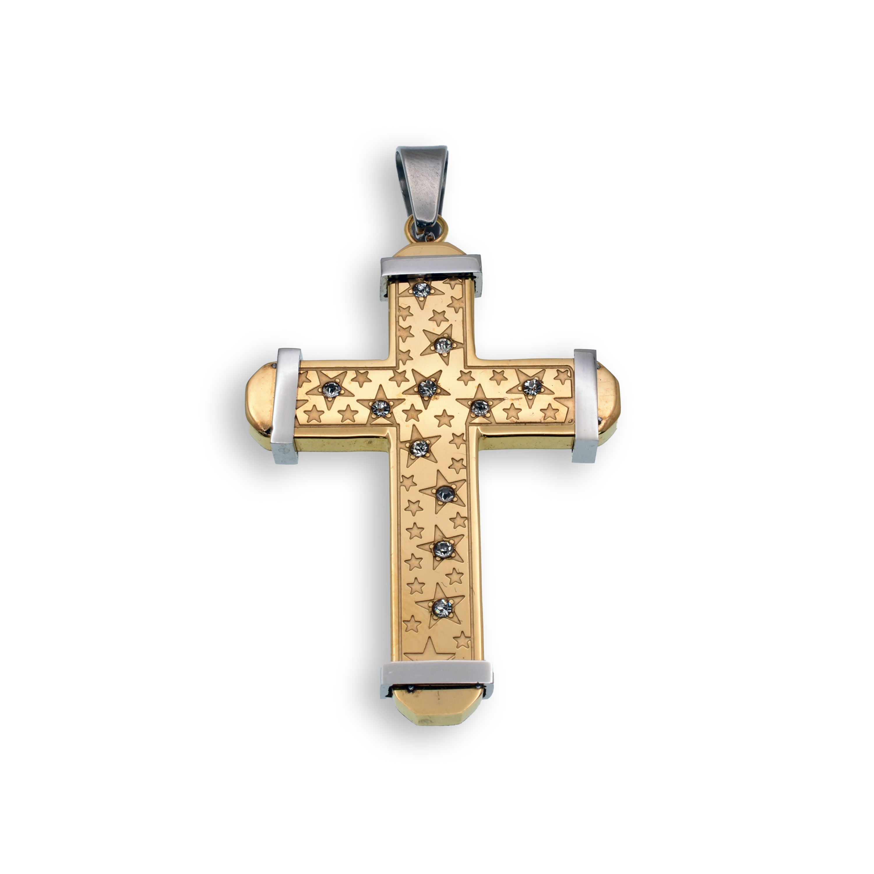 Gold & Rhodium Plated Stainless Steel CZ Multi Star Cross Pendant - SSP00170