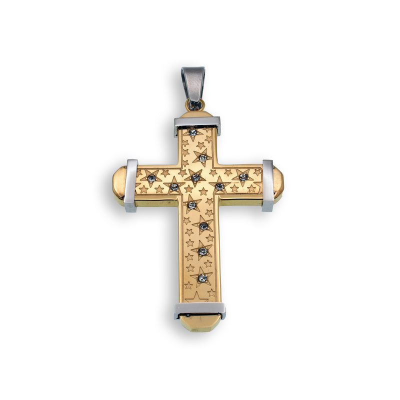 Colgante de cruz con múltiples estrellas y circonitas cúbicas de acero inoxidable chapado en oro y rodio - SSP00170