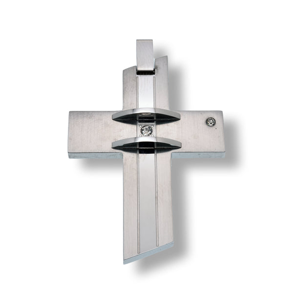 Rhodium Plated Stainless Steel Geometric Cross Clear CZ 34mm x 52mm Pendant - SSP00232