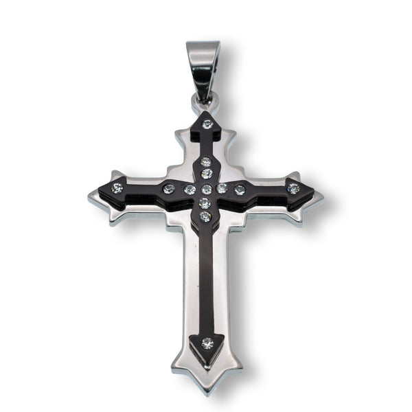 Black Rhodium Plated Stainless Steel Embellished Gothic Cross Clear CZ 43.6mm x 57.5mm Pendant - SSP00243