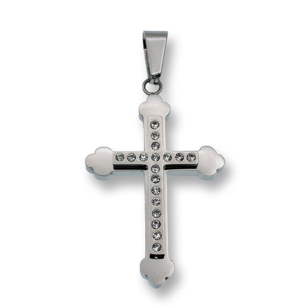 Rhodium Plated Stainless Steel Elegant Cross Clear CZ 25.8mm x 37.2mm Pendant - SSP00244