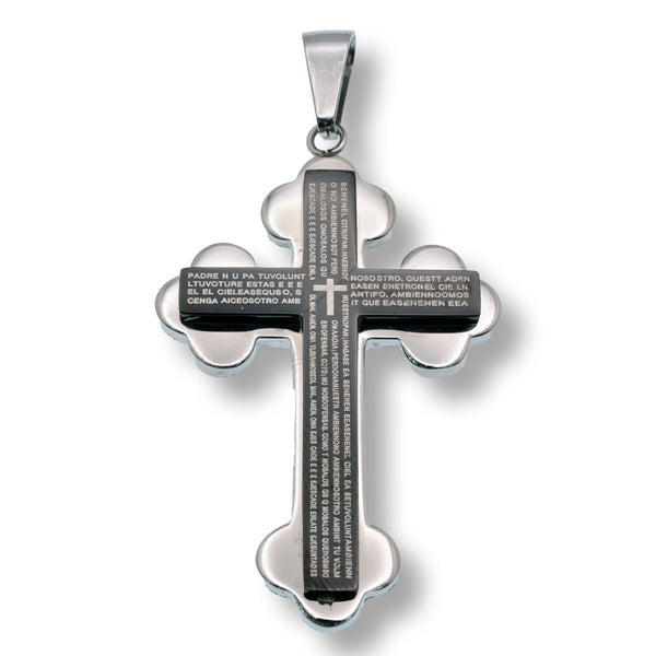 Rhodium Plated Stainless Steel Elegant Black Enamel Prayer Cross 30.7mm x 43.5mm Pendant - SSP00245