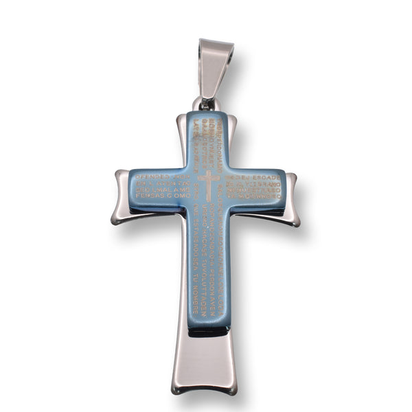 Rhodium Plated Stainless Steel Elegant Blue Prayer Cross 26.5mm x 44.2mm Pendant - SSP00246