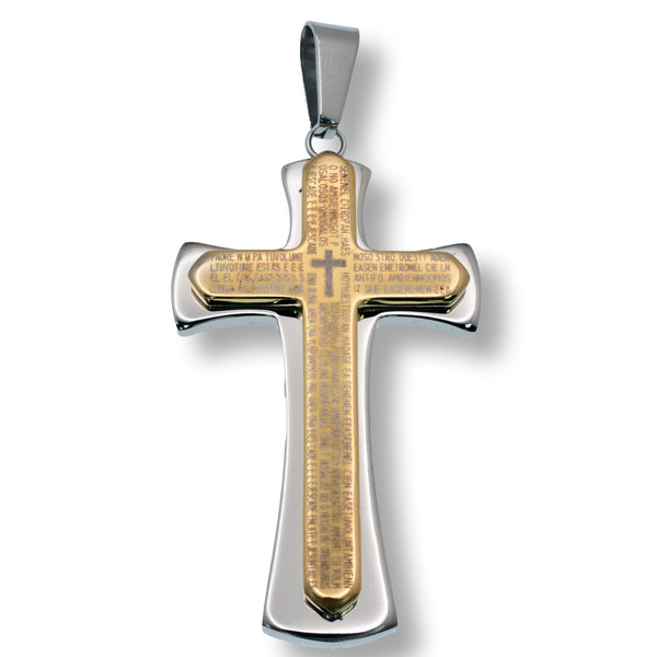 Rhodium Plated Stainless Steel Elegant Gold Plated Prayer Cross 27.4mm x 44.6mm Pendant - SSP00248