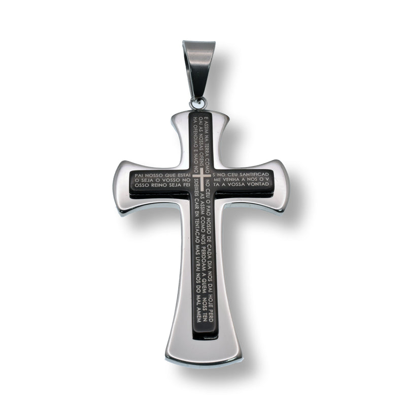 Rhodium Plated Stainless Steel Cross Portugese Lords Prayer Black Enamel Pendant - SSP00250