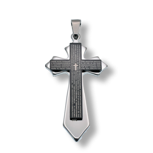 Rhodium Plated Stainless Steel Cross Prayer Black Enamel Pendant - SSP00251