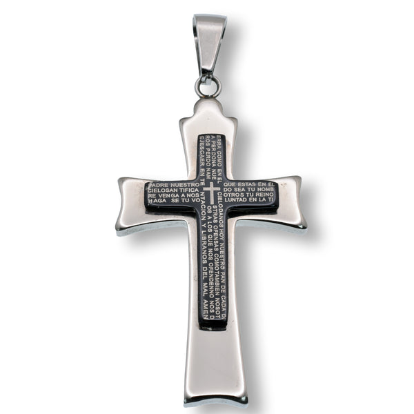 Rhodium Plated Stainless Steel Elegant Black Enamel Prayer Cross 26.3mm x 42.8mm Pendant - SSP00252