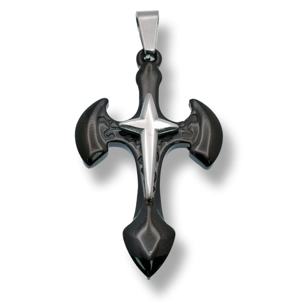 Black Rhodium Plated Stainless Steel Gothic Cross 28.5mm x 48mm Pendant - SSP00256