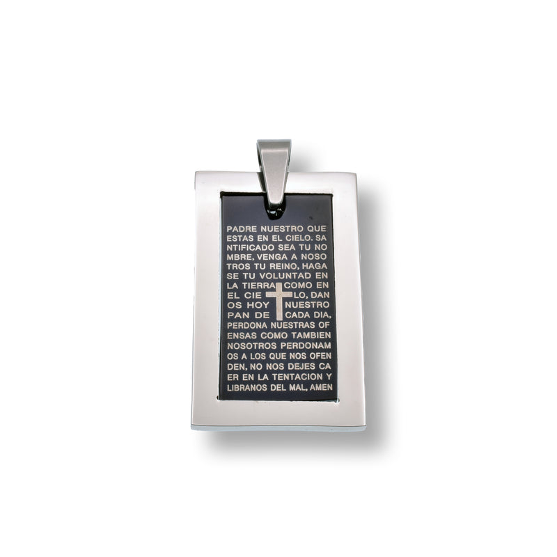 Rhodium Plated Stainless Steel Rectangular Prayer Black Enamel Pendant - SSP00259