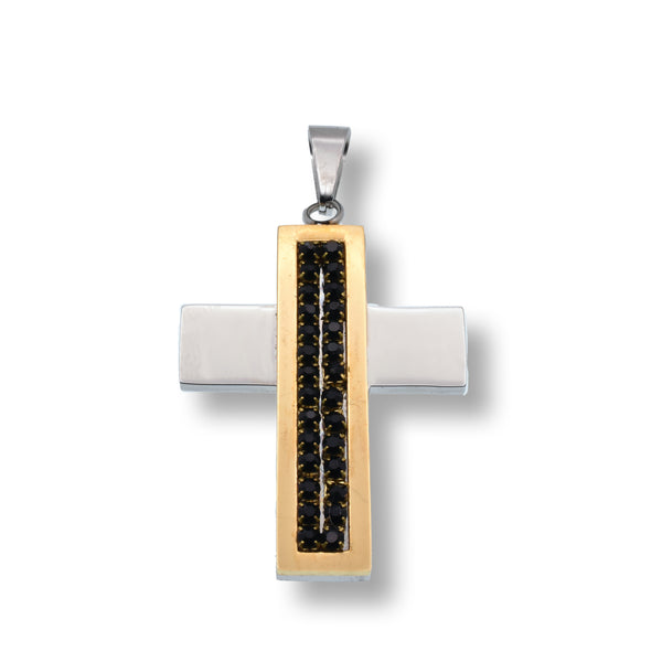 Two-Tone Stainless Steel Cross Black CZ Pendant - SSP00260