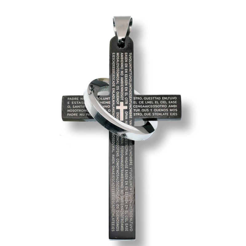 Black Rhodium Plated Stainless Steel Cross Prayer Ring Accent 29.8mm x 52.7mm Pendant - SSP00262