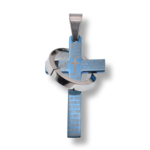 Blue Plated Stainless Steel Cross Prayer Ring Accent 21.2mm x 37.2mm Pendant - SSP00266