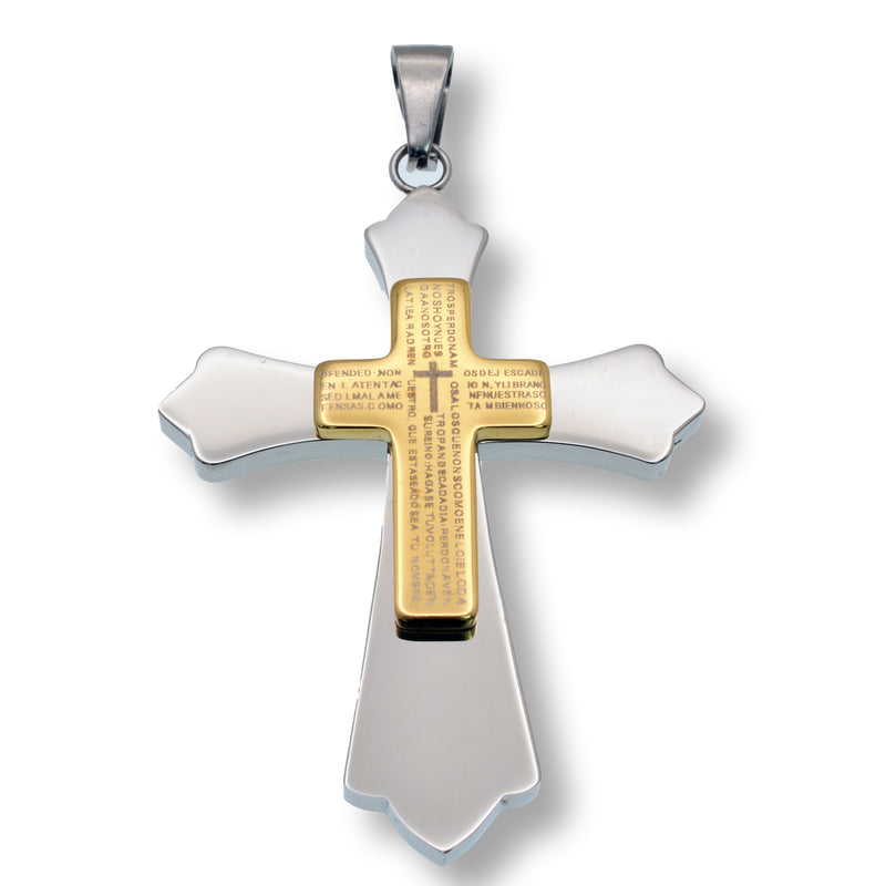 Two-Tone Plated Stainless Steel Cross Prayer 39.6mm x 52.8mm Pendant - SSP00267