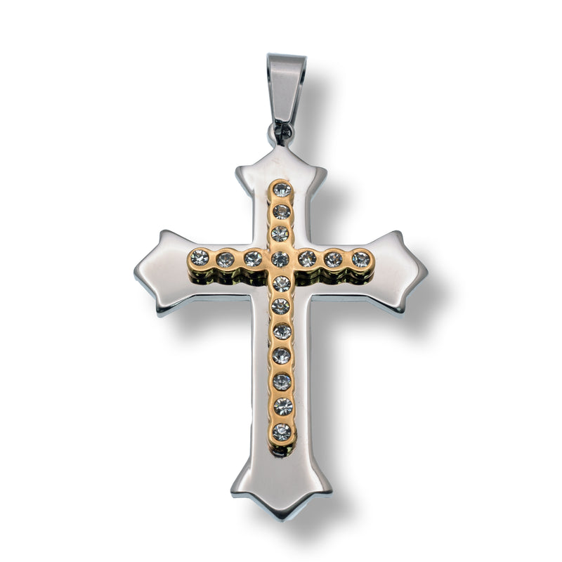 Two-Tone Plated Stainless Steel Cross Clear CZ 33.9mm x 50.5mm Pendant - SSP00268