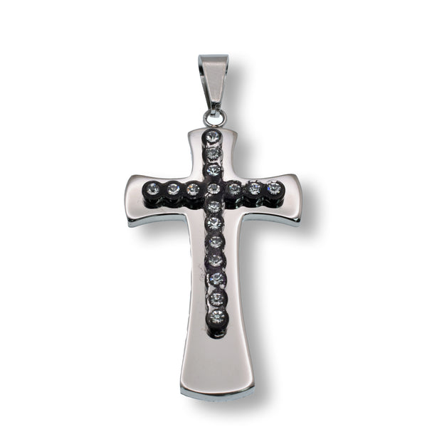 Rhodium and Black Rhodium Plated Stainless Steel Cross Clear CZ 33.9mm x 50.5mm Pendant - SSP00269