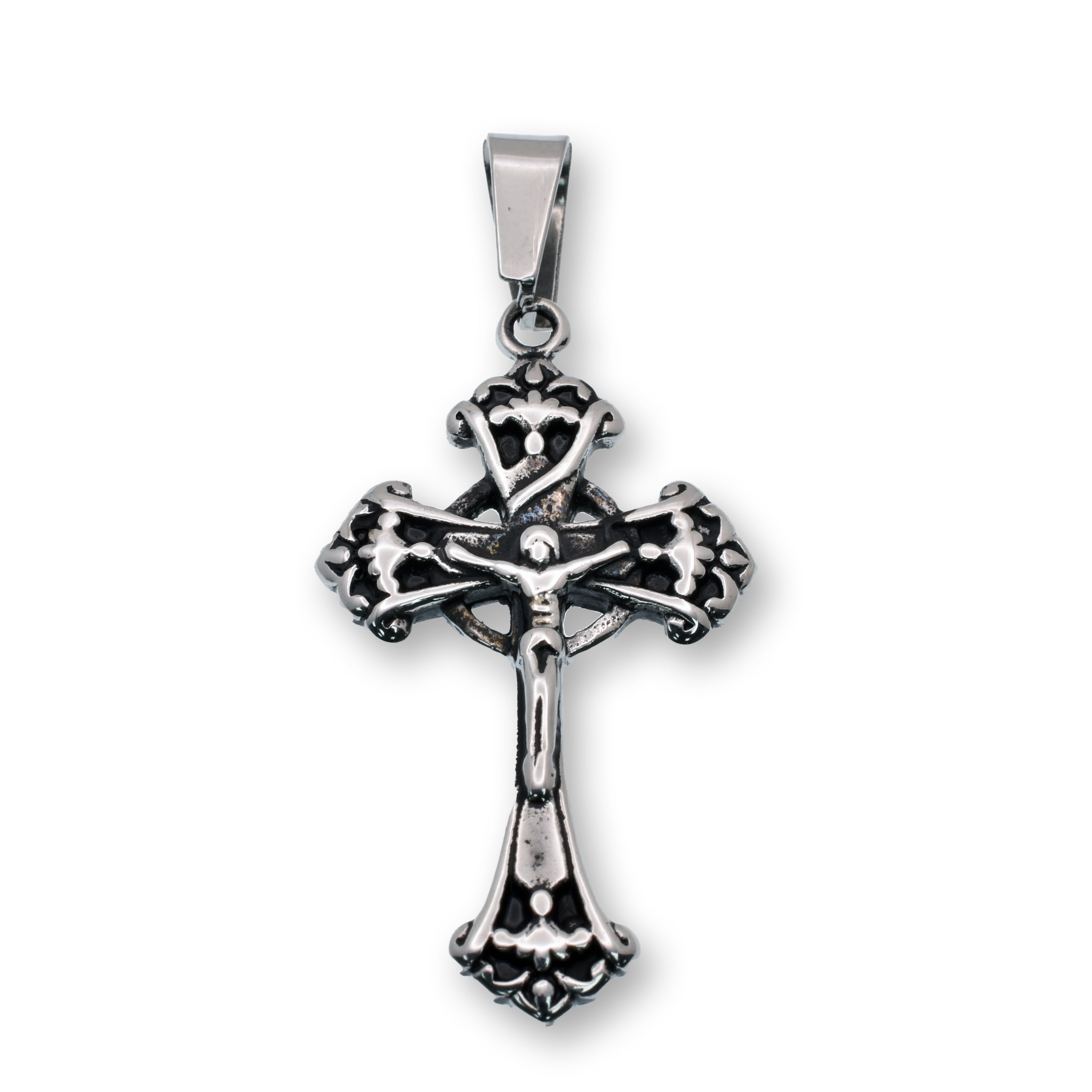 Stainless Steel Oxidized Finish Ornate Crucifix Cross Filigree