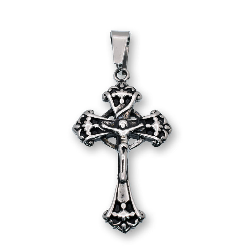 Stainless Steel Oxidized Finish Ornate Crucifix Cross Filigree 23.2mm x 39.2mm Pendant - SSP00275