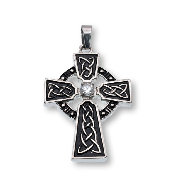 Rhodium Plated Stainless Steel Celtic Cross Knotwork Enamel 28.4mm x 37.9mm Pendant - SSP00276