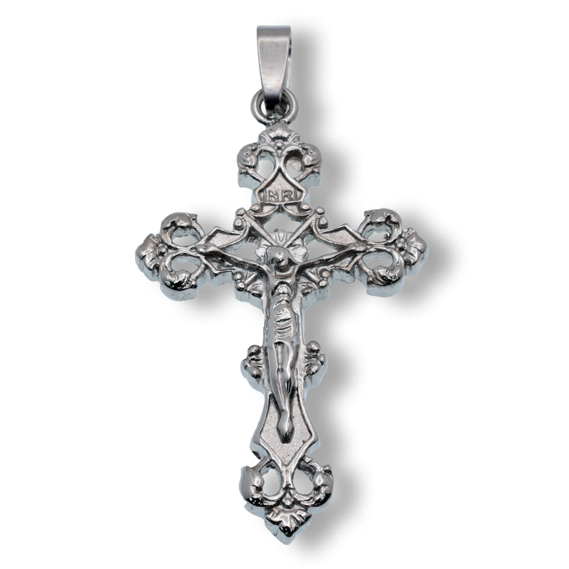 Rhodium Plated Stainless Steel Ornate Cross Gothic Filigree 27.3mm x 46.9mm Pendant - SSP00277