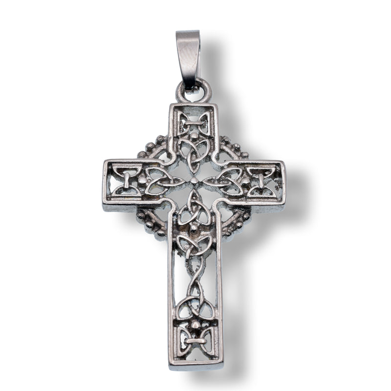 Rhodium Plated Stainless Steel Intricate Celtic Cross 26mm x 37.9mm Pendant - SSP00279