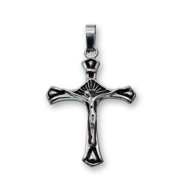 Rhodium Plated Stainless Steel Classic Crucifix Textured Detailing 28mm x 39.3mm Pendant - SSP00280