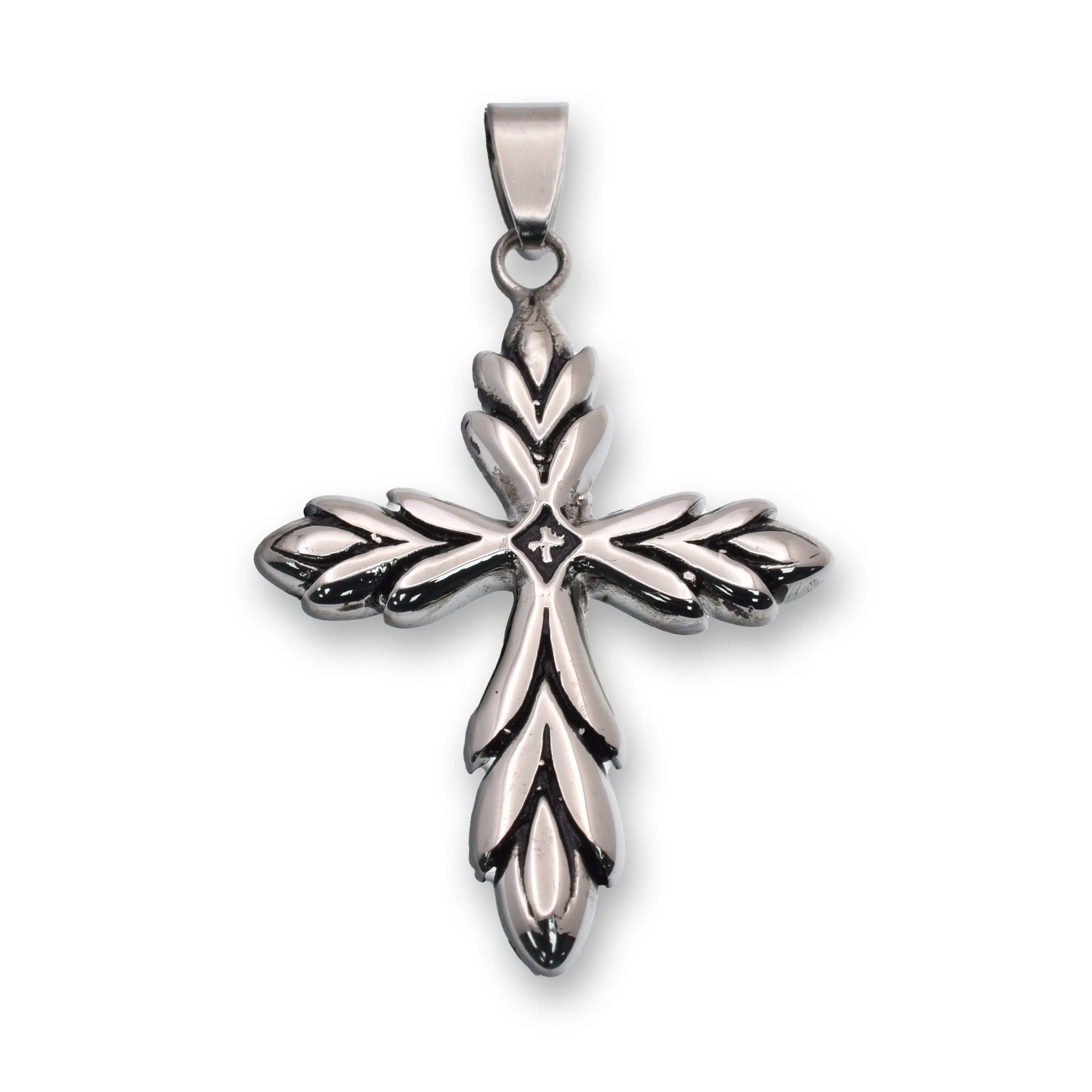 Rhodium Plated Stainless Steel Olive Branch Cross 30.5mm x 40mm