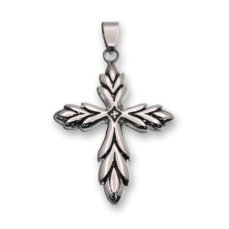 Rhodium Plated Stainless Steel Olive Branch Cross 30.5mm x 40mm Pendant - SSP00281