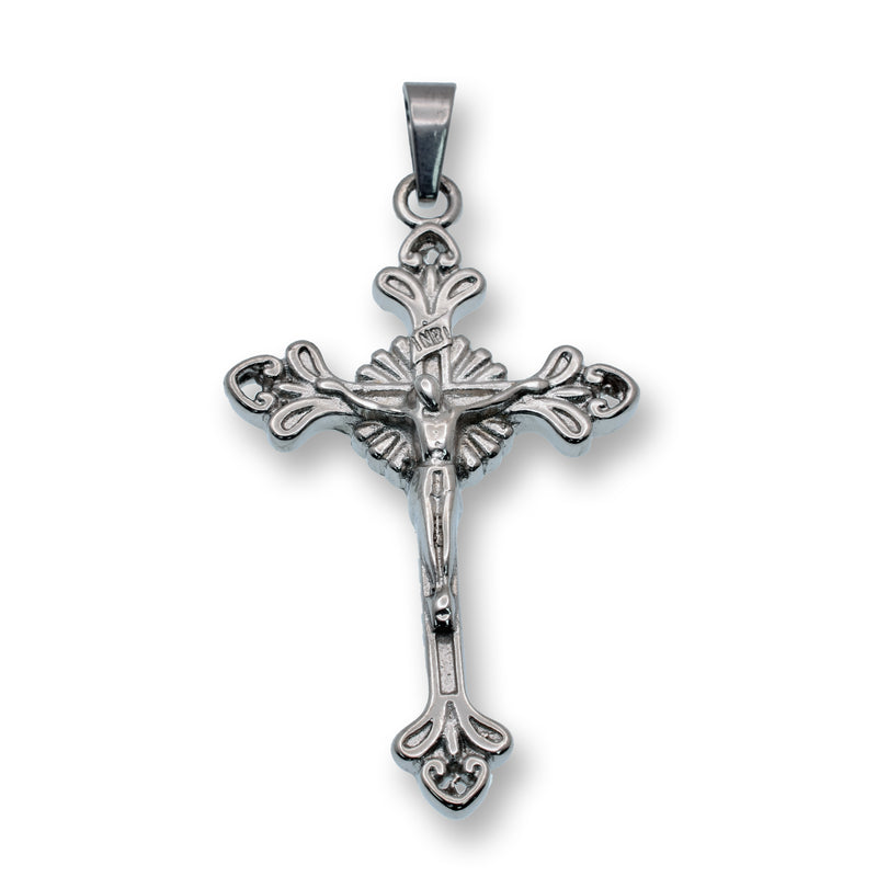 Rhodium Plated Stainless Steel Ornate Cross 27.5mm x 43.4mm Pendant - SSP00282