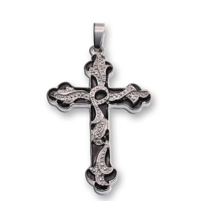 Rhodium Plated Stainless Steel Intricate Filigree Cross Textured Detailed 29.8mm x 42.9mm Pendant - SSP00283