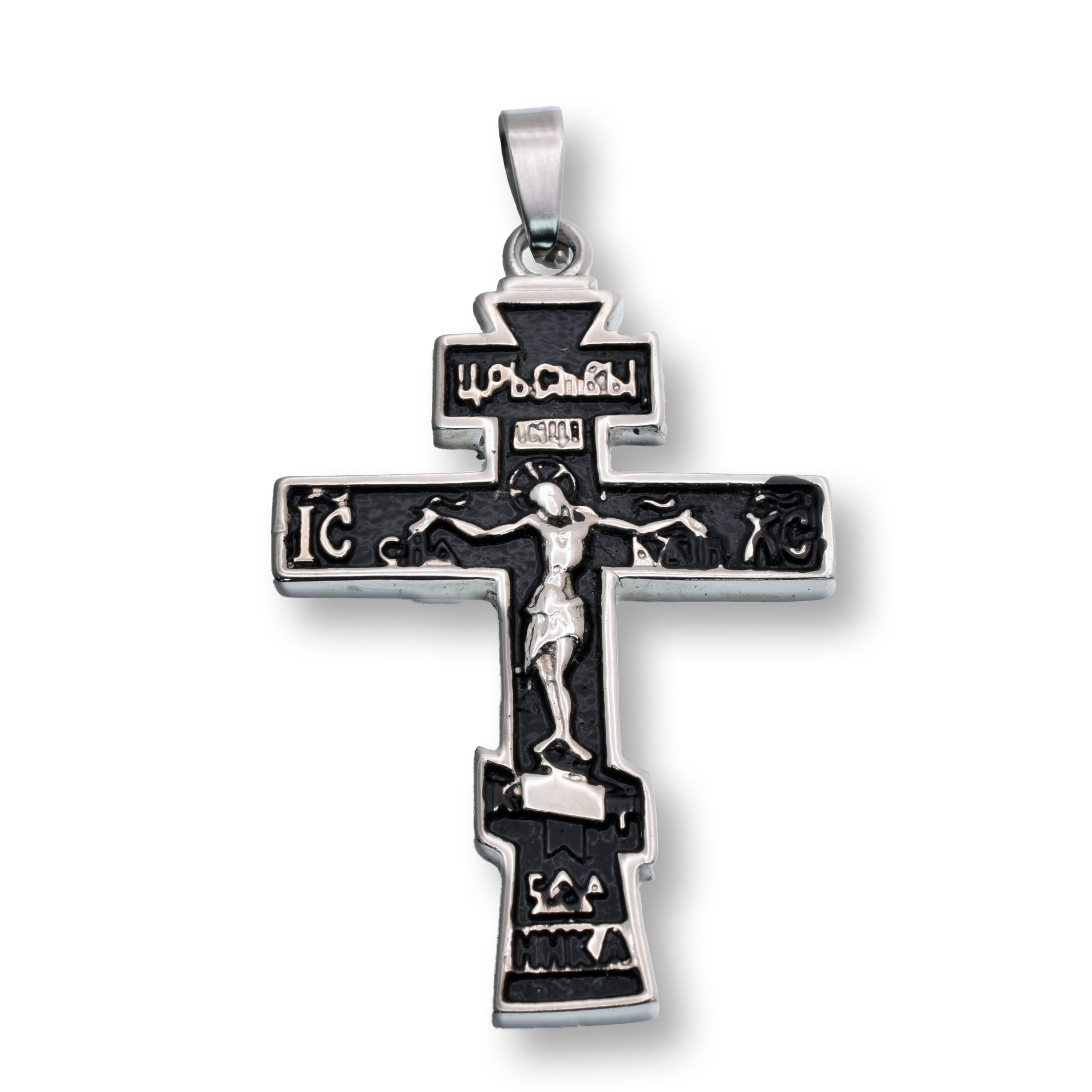 中古 ジェットブローチ 23、24、25、26.5、27ｘ35　24、26ｘ50 Rhodium Plated Black Stainless Steel Orthodox Crucifix Engraved