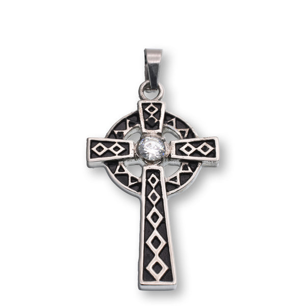 Black and Silver Tone Stainless Steel Celtic Cross CZ Center Stone and Diamond Pattern 25.1mm x 38.1mm Pendant - SSP00286