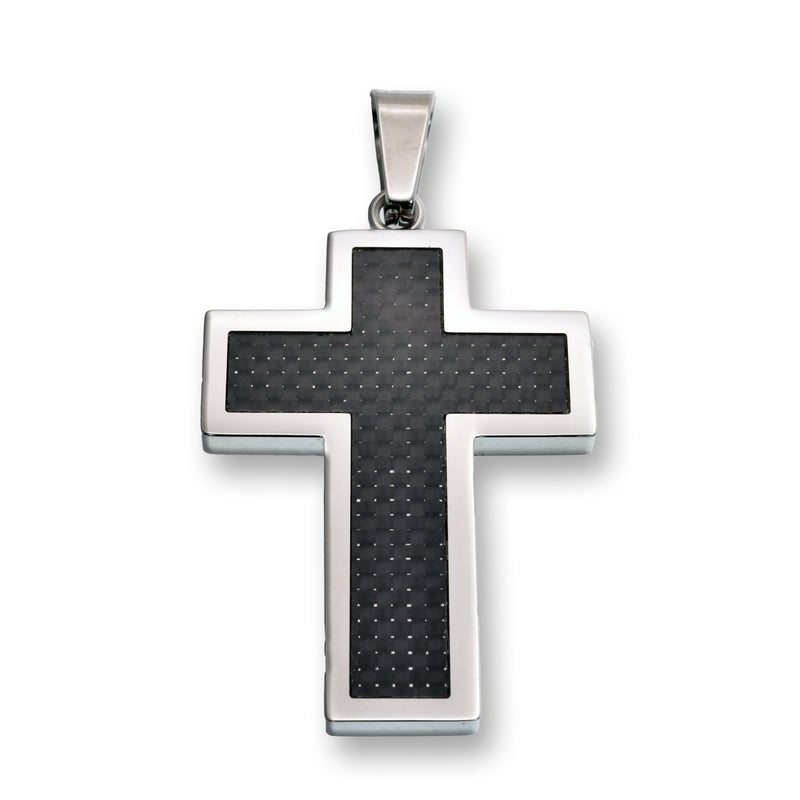 Rhodium Plated Stainless Steel Cross Carbon Fiber Inlay Silver Edging 28.1mm x 39mm Pendant - SSP00287