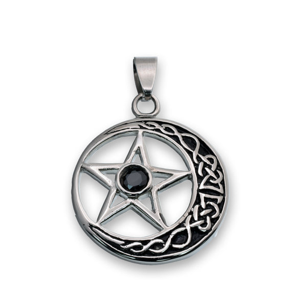 Rhodium Plated Stainless Steel Pentacle Black CZ Engraved Celtic Knot Accent 29.6mm Pendant - SSP00288