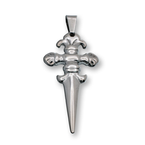 Rhodium Plated Stainless Steel Dagger Cross Ornate Fleur-De-Lis 27.1mm x 57.2mm Pendant - SSP00293