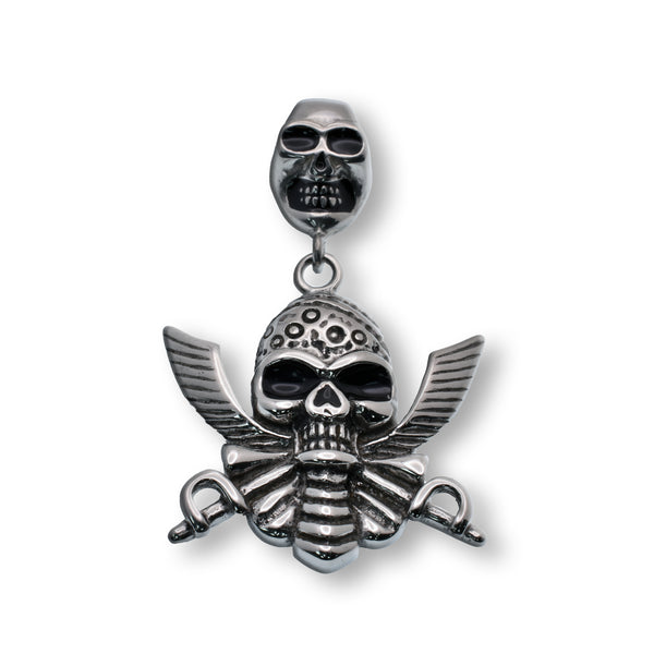 Rhodium Plated Stainless Steel Winged Skull Pirate Bandana Skull Bail 30.2mm x 27.7mm Pendant - SSP00294