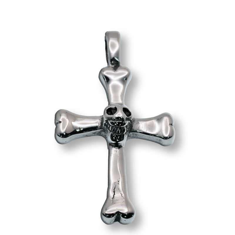 Rhodium Plated Stainless Steel Skull and Bone Cross Gothic Detailed 22.8mm x 41.1mm Pendant - SSP00295