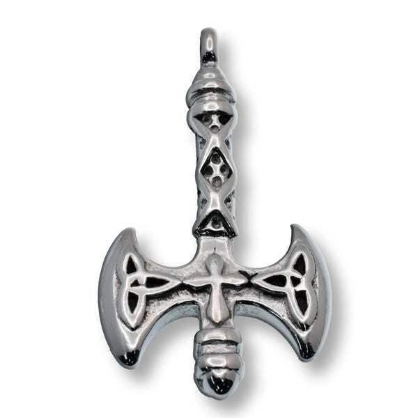 Rhodium Plated Stainless Steel Double-Bladed Axe Cross Gothic and Celtic Engravings 24.5mm x 46.4mm Pendant - SSP00296