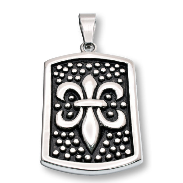 Rhodium Plated Stainless Steel Shield Fleur-De-Lis Studded 24mm x 33mm Pendant - SSP00299