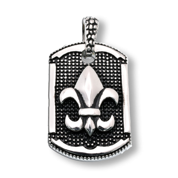 Oxidized Stainless Steel Shield Fleur-De-Lis Studded Dogtag 24.7mm x 37.5mm Pendant - SSP00300