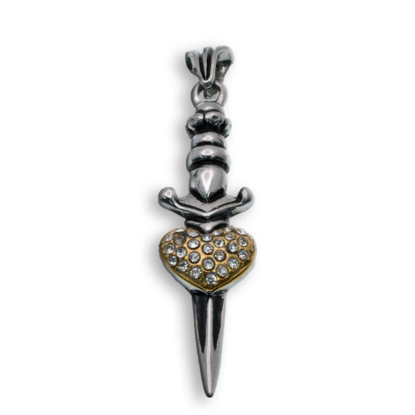 Oxidized and Gold Plated Stainless Steel Dagger Heart Gothic Edgy Design Clear CZ 15.2mm x 56.6mm Pendant - SSP00303