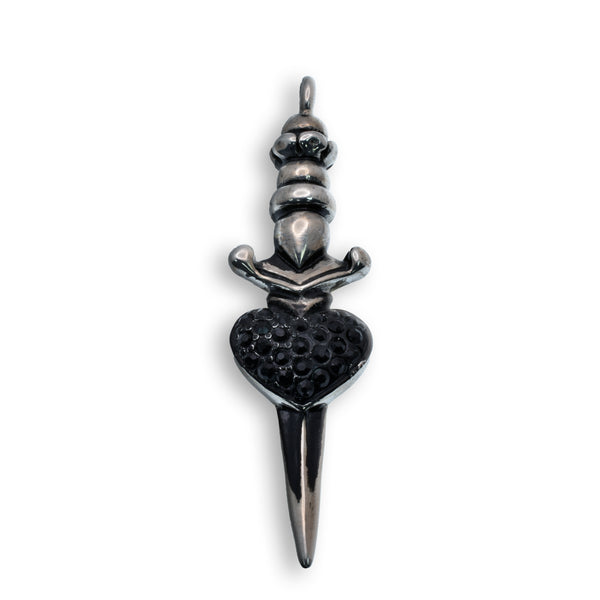 Rhodium Plated Stainless Steel Dagger Black CZ Heart Sword Design 15.5mm x 51.9mm Pendant - SSP00304