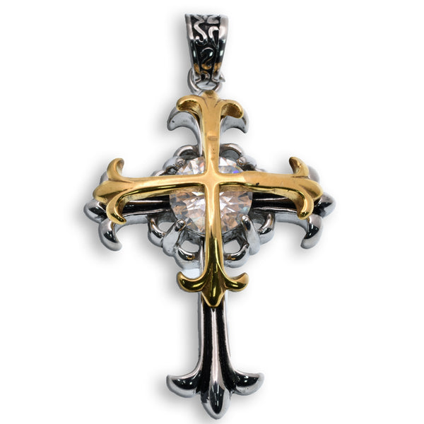 Rhodium and Gold Plated Stainless Steel Gothic Cross Ornate Religious CZ Stone 31.4mm x 42.7mm Pendant - SSP00306