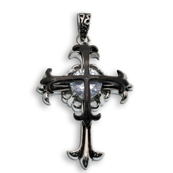 Oxidized and Black Rhodium Plated Stainless Steel Gothic Cross Ornate Religious Clear CZ Stone 31.4mm x 42.7mm Pendant - SSP00307