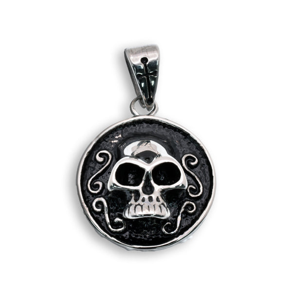 Rhodium Plated Stainless Steel Skull Gothic Detailing Dark and Edgy Round 26mm Pendant - SSP00310